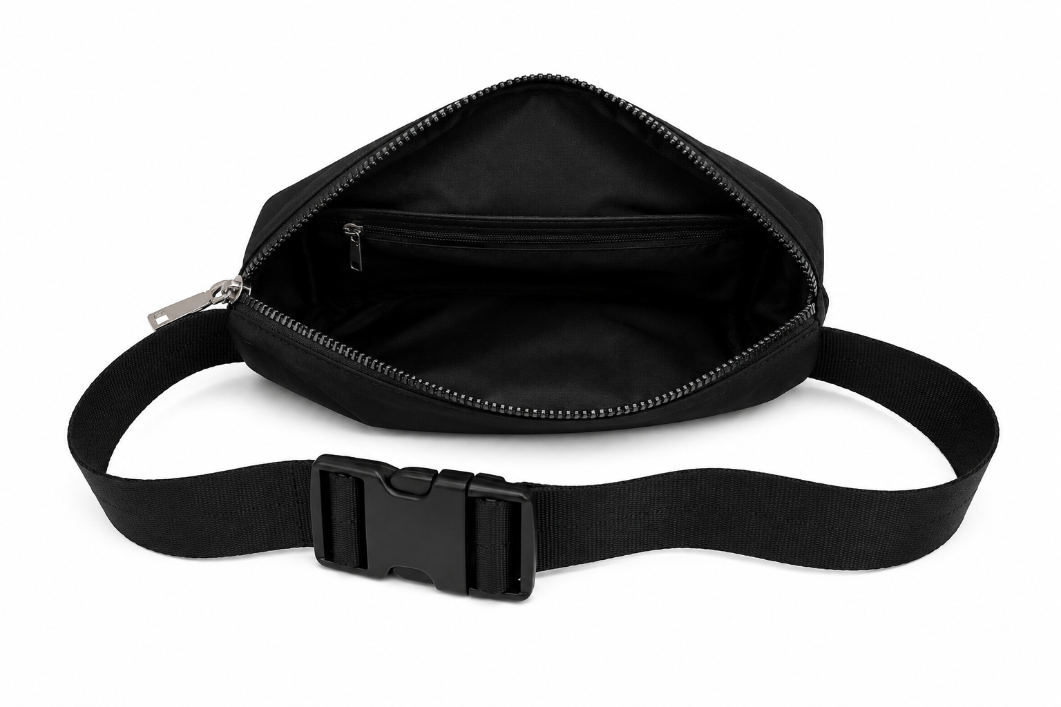 A black nylon waist bag with an adjustable webbing strap and black plastic buckle, shown open to reveal the interior pocket on a white background.