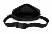 A black nylon waist bag with an adjustable webbing strap and black plastic buckle, shown open to reveal the interior pocket on a white background.