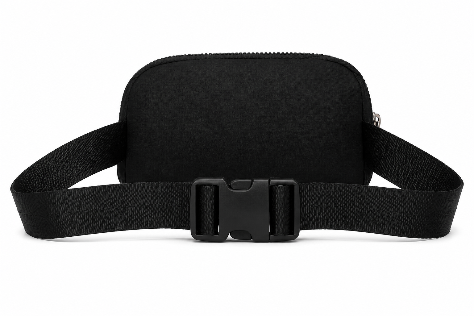 A black waist bag with an adjustable webbing strap and a black plastic quick-release buckle, shown against a plain white background.
