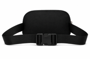 A black waist bag with an adjustable webbing strap and a black plastic quick-release buckle, shown against a plain white background.