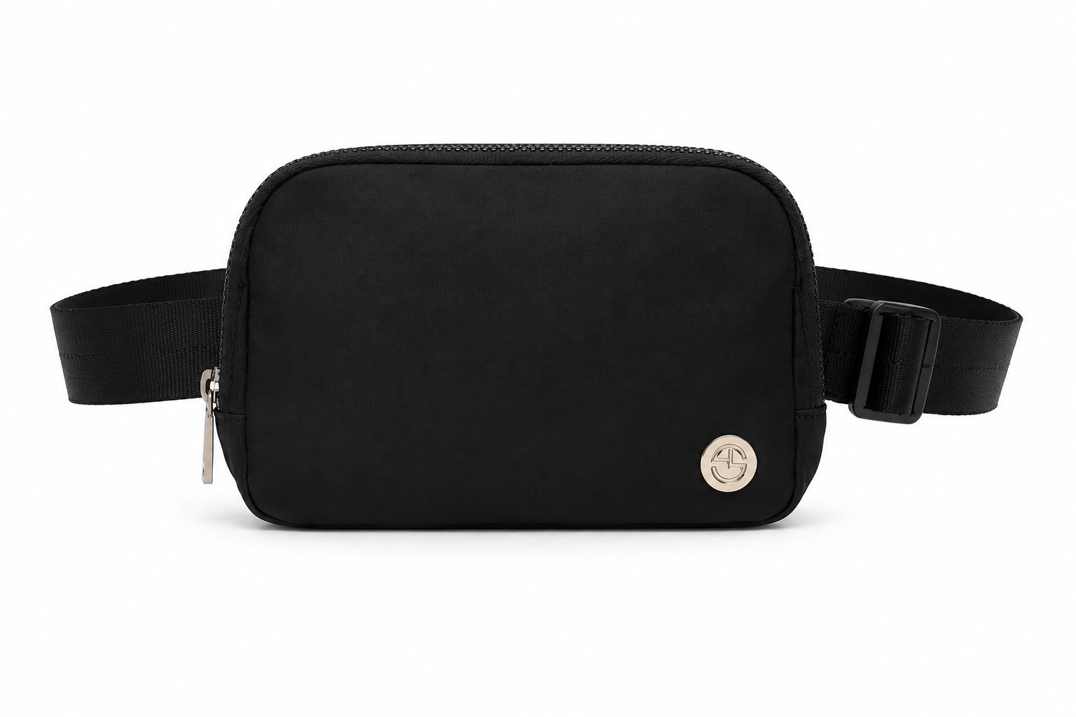 A black nylon waist bag with an adjustable black webbing strap and a small circular silver-tone metal emblem on the front, shown against a plain white background.