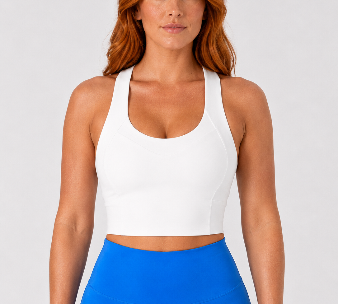 Model wearing Sculp crop top, front view, from Style Luxe Activewear in white 